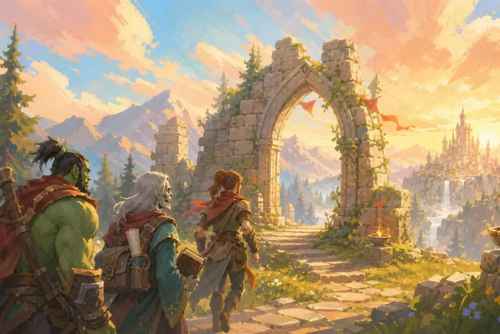 Drei Fantasyabenteurer blicken durch ein altes Steintor auf eine leuchtende Stadt und hoffen auf eine Classic+ Enthüllung