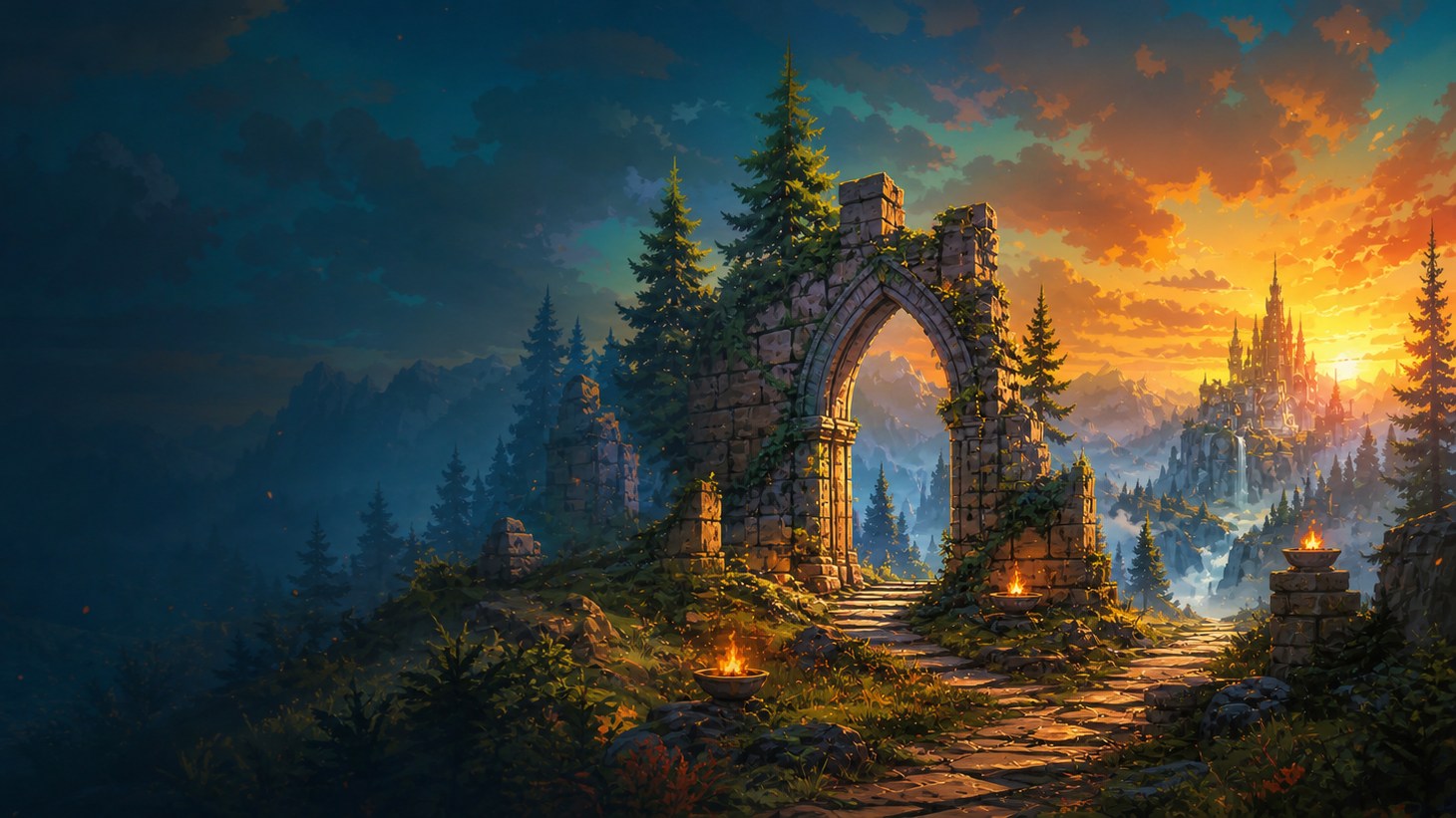 Ein verwittertes Steintor führt bei Sonnenuntergang zu einer fernen Fantasyzitadelle