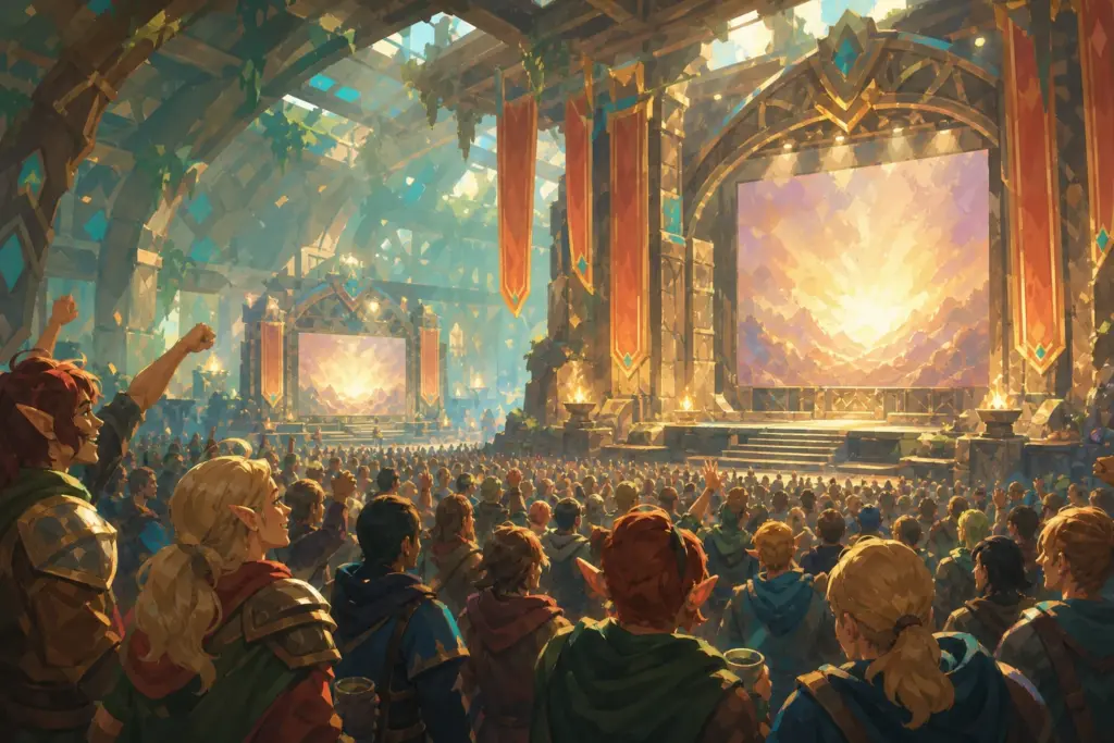 Eine große Fantasy Community wartet in einer hellen Messehalle gespannt vor zwei Ankündigungsbühnen