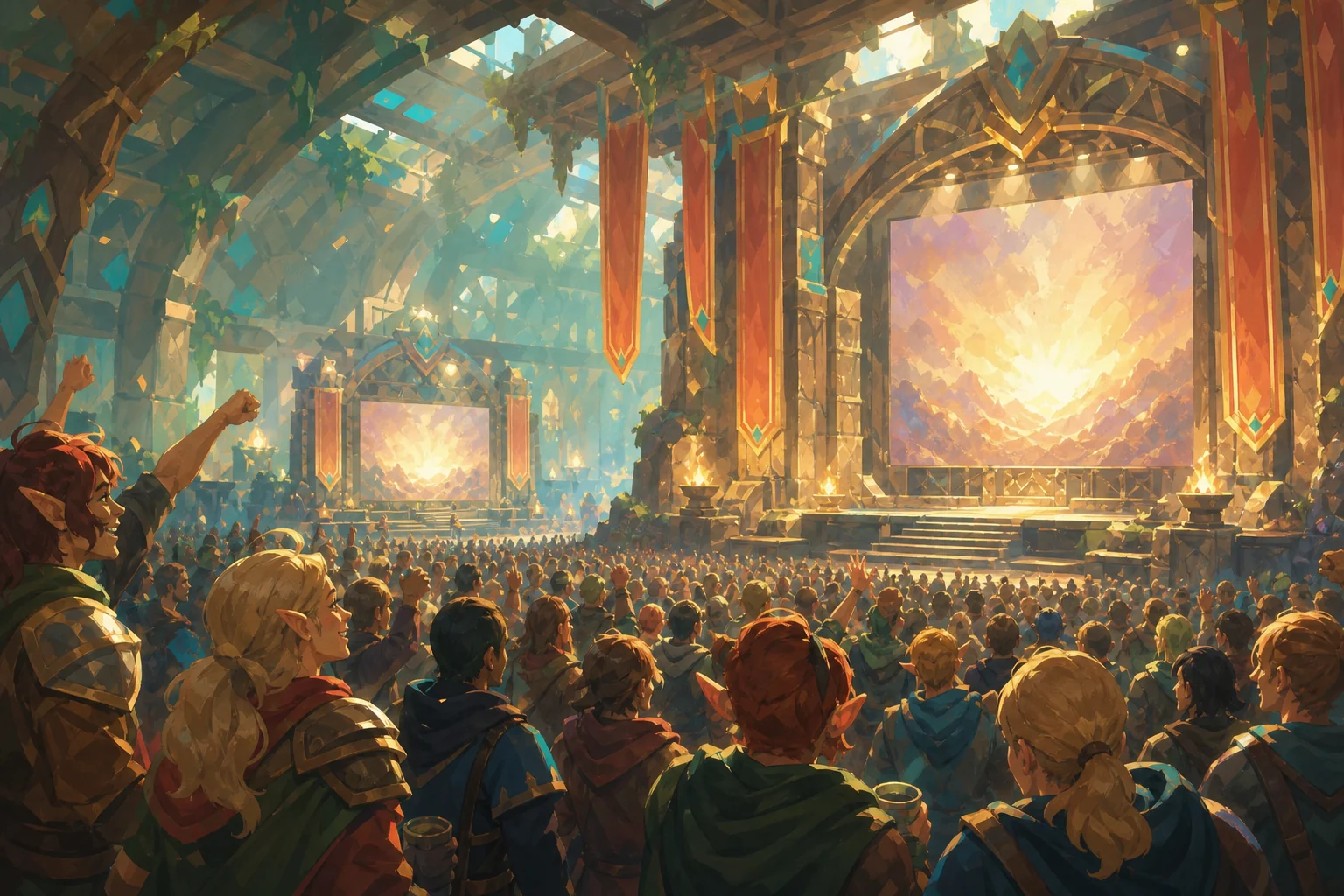 Eine große Fantasy Community wartet in einer hellen Messehalle gespannt vor zwei Ankündigungsbühnen