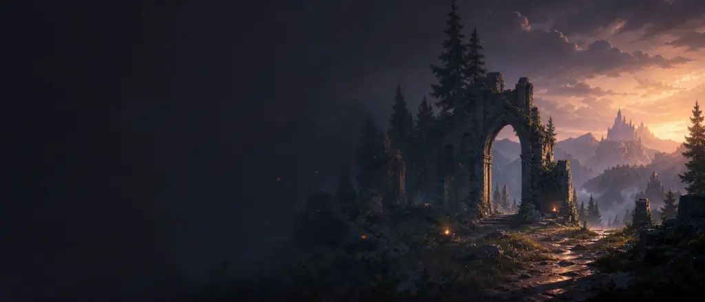 Ein altes Steintor führt bei Sonnenuntergang in eine unbekannte Fantasywelt