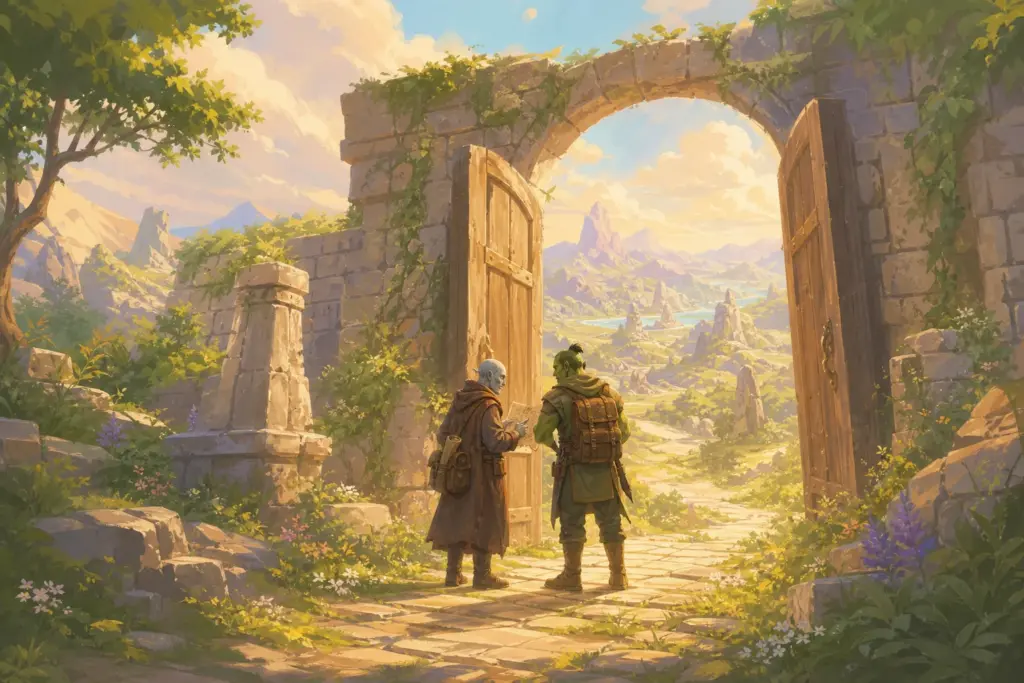 Ein untoter Gelehrter und ein grüner Krieger prüfen Hinweise vor dem offenen Tor zu einer neuen Fantasywelt