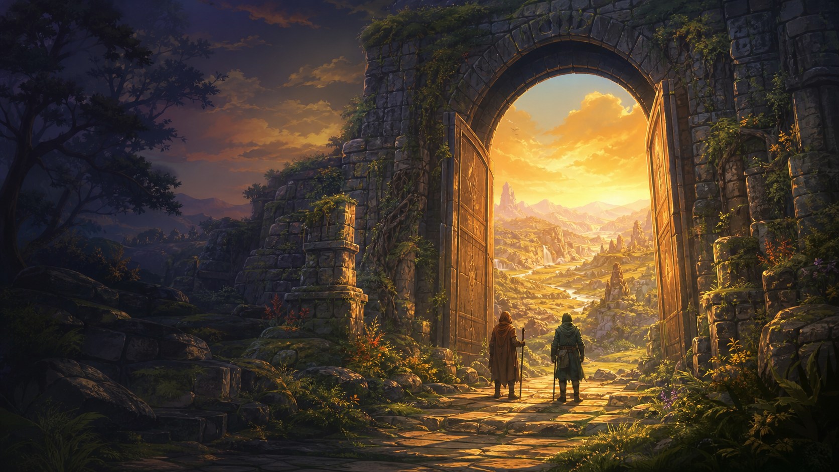 Zwei Reisende entdecken durch ein altes Steintor eine unbekannte sonnige Fantasywelt