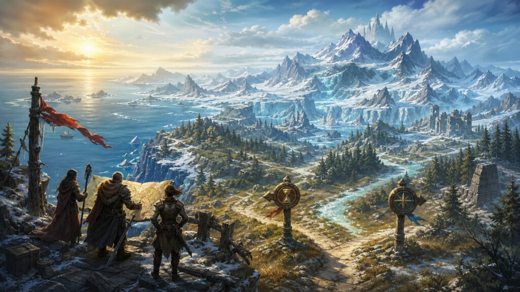Drei Abenteurer betrachten eine verschneite Nordend-Landschaft mit zwei Wegweisern als Symbol für WotLK Anniversary oder Classic+