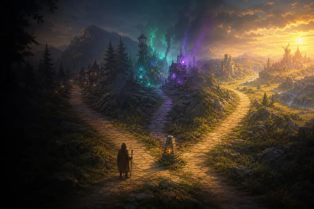 Drei Wege führen durch eine bewahrte, eine experimentelle und eine unbekannte Fantasywelt