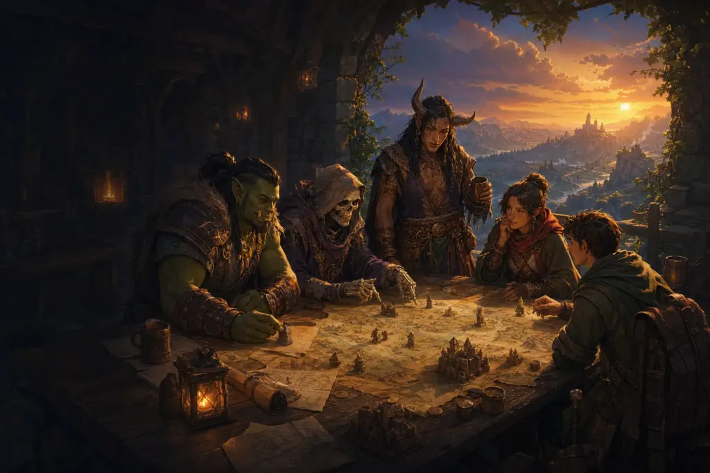 Eine Gruppe unterschiedlicher Fantasyabenteurer berät gemeinsam über eine Karte