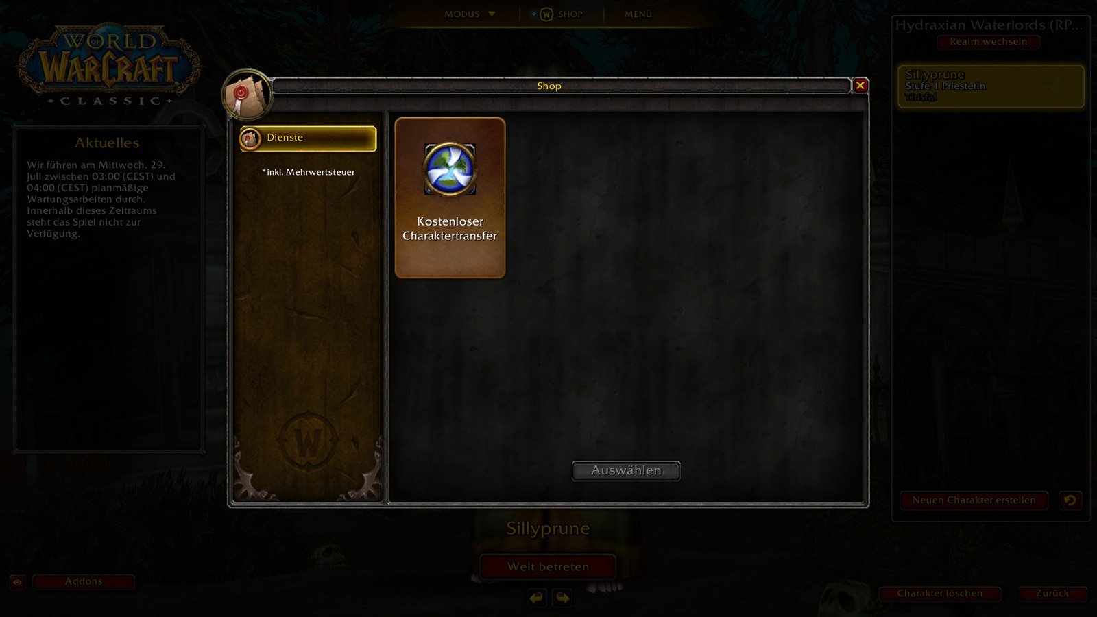 Shop in WoW Classic mit kostenlosem Charaktertransfer am 26. Juli 2026