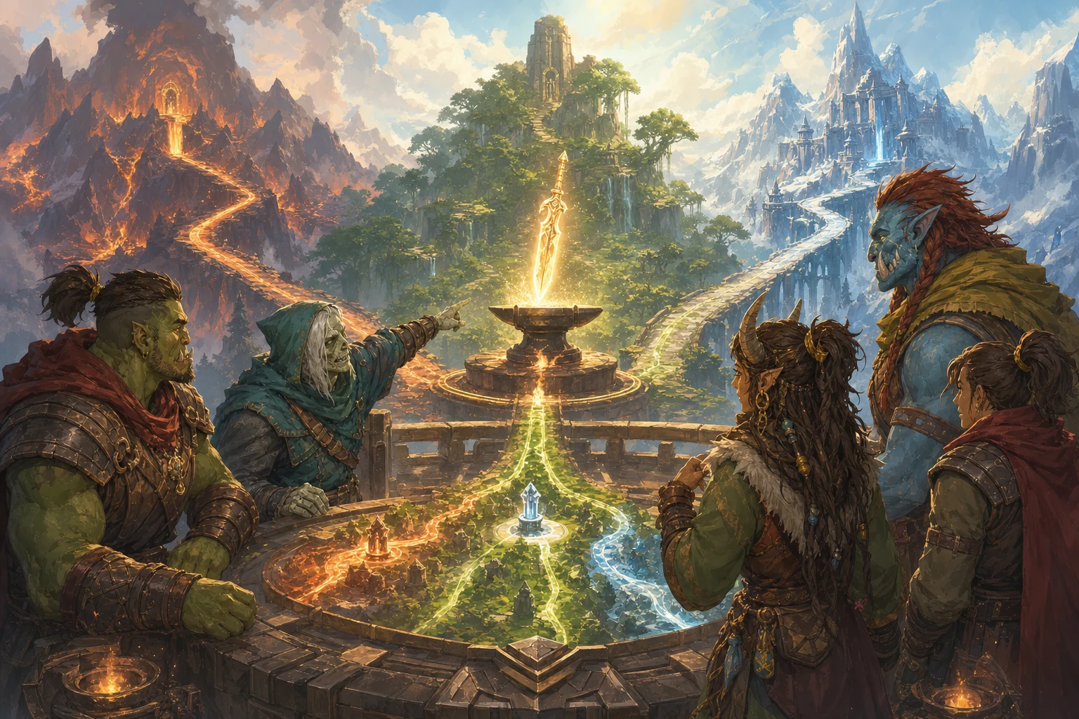 Fantasy-Abenteurer betrachten drei neu geschmiedete Raidpfade aus Feuer, Dschungel und Eis, die zu einer legendären Waffe führen