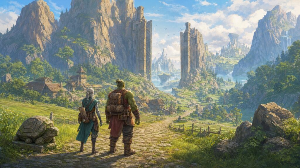 Zwei Fantasyabenteurer entdecken hinter einem geöffneten Steintor neue Wege im alten Azeroth