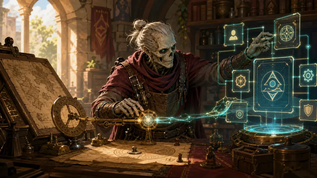 Ein untoter Fantasyingenieur verbindet einen alten Kartentisch mit einer modernen magischen Benutzeroberfläche