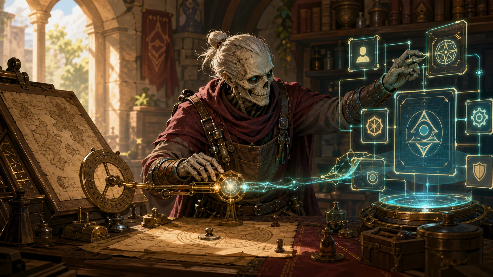 Ein untoter Fantasyingenieur verbindet einen alten Kartentisch mit einer modernen magischen Benutzeroberfläche