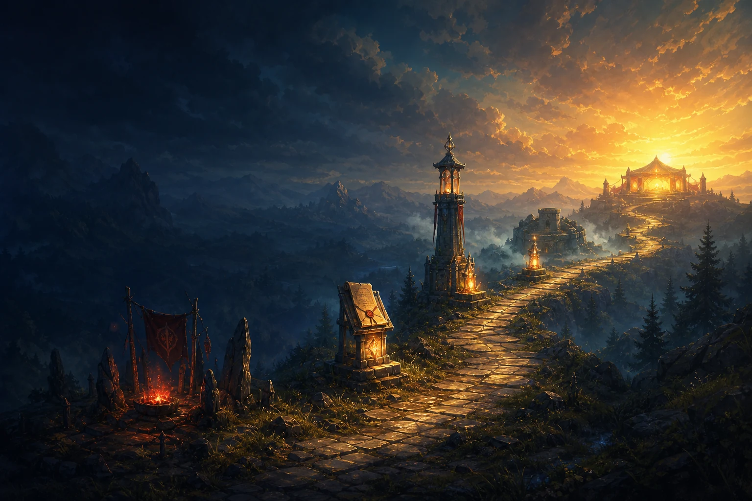 Leuchtende Wegmarken verbinden mehrere Stationen auf einer chronologischen Fantasyreise