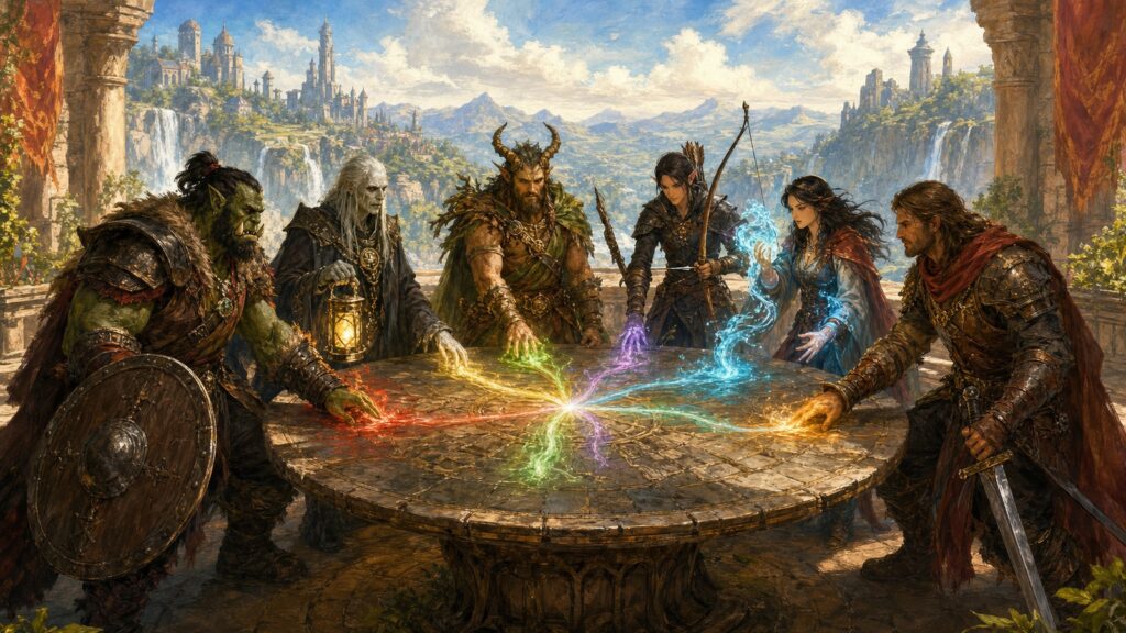 Neun Abenteurer stehen sinnbildlich für die Klassenbalance in WoW Classic Plus