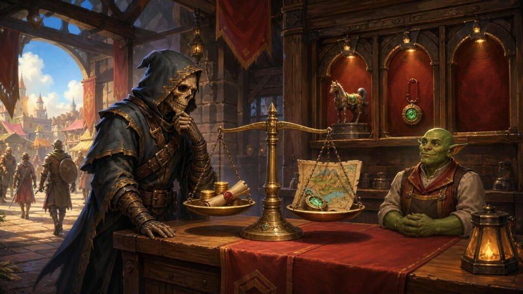 Untoter Abenteurer wägt in einer Fantasy-Handelshalle Gold gegen eine Questkarte ab