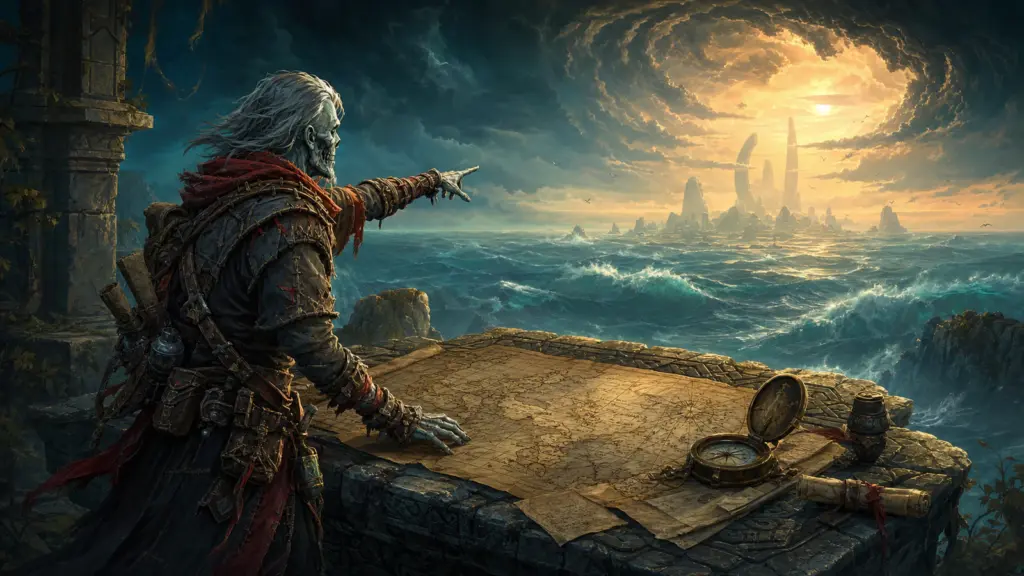 Namenloser untoter Kartograf betrachtet eine unbekannte Küste jenseits des alten Azeroth als Symbol für Avaloren und Classic+