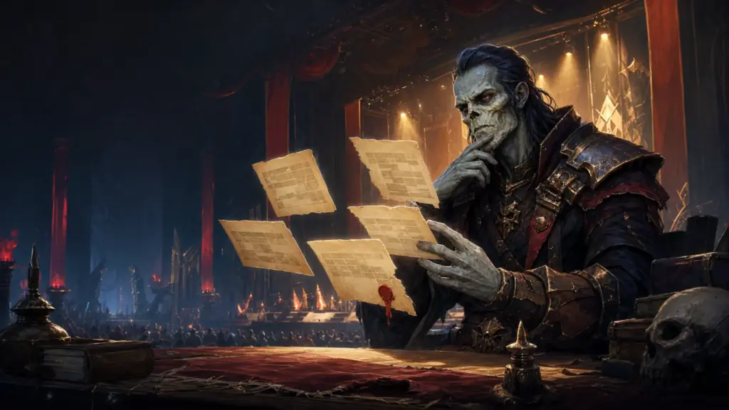 Untoter Archivar prüft einen angeblich geleakten BlizzCon Ablaufplan in einer Fantasy Halle