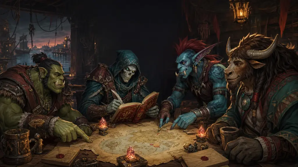 Namenloser untoter Chronist, Orc, Troll und Tauren planen gemeinsam an einem Kartentisch als Symbol für die Classic+ Community Partnerschaft