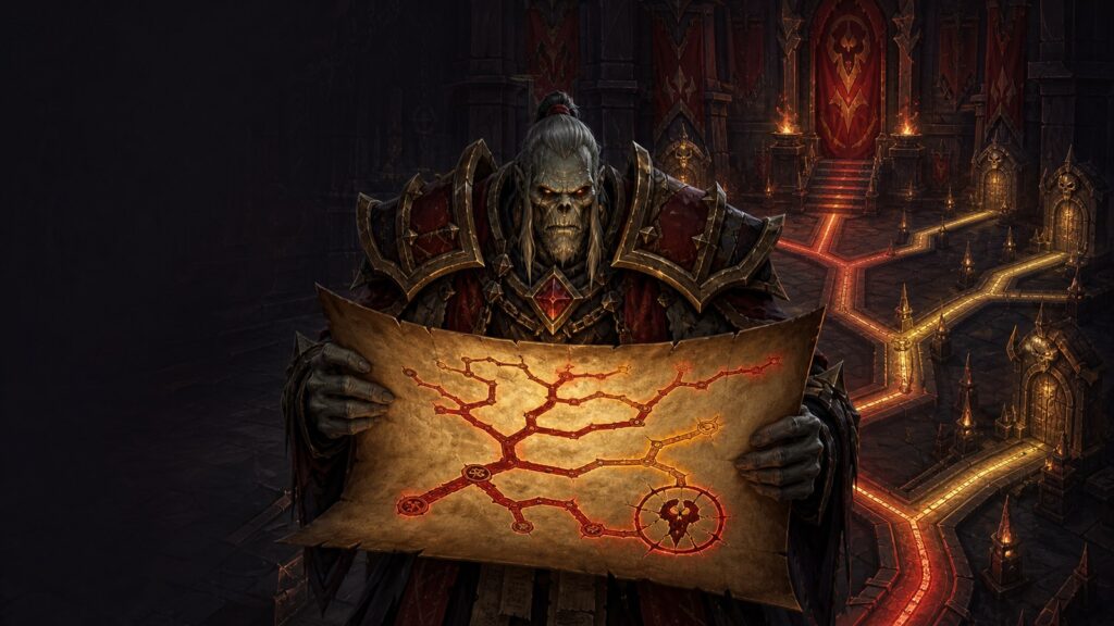 Untoter Chronist prüft einen verzweigten BlizzCon-Zeitplan in einer dunklen Fantasy-Kammer