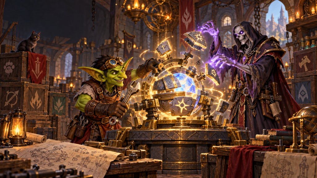 Ein Gobliningenieur und ein untoter Magier reparieren gemeinsam eine magische Maschine.