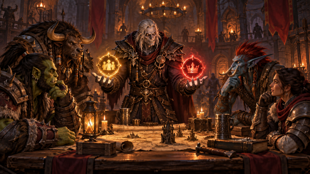 Untoter Questgeber präsentiert einer Fantasy-Gruppe zwei leuchtende Unterstützer-Siegel.