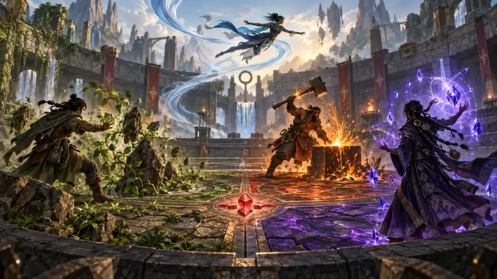 Mehrere Fantasyvölker erproben Natur-, Feuer-, Wind- und Arkankräfte