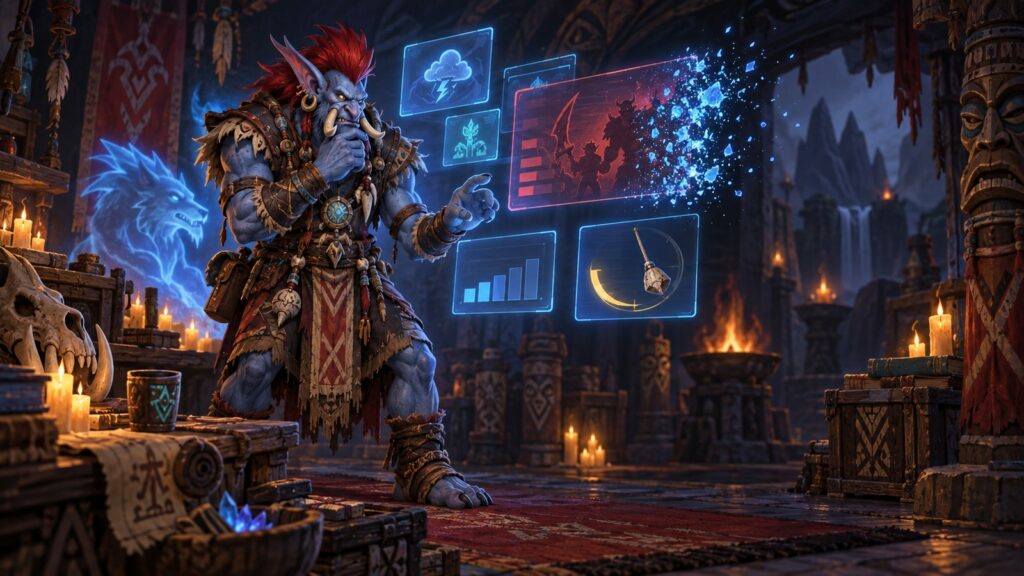 Trollmagier betrachtet eine schwebende Fantasy-Benutzeroberfläche, deren überladene Elemente verschwinden
