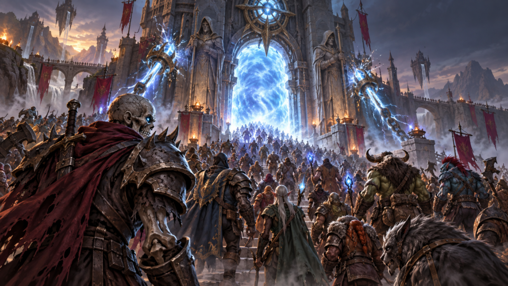 Eine große Menge Fantasy-Abenteurer drängt durch ein überlastetes magisches Portal zur WoW Forever Beta.