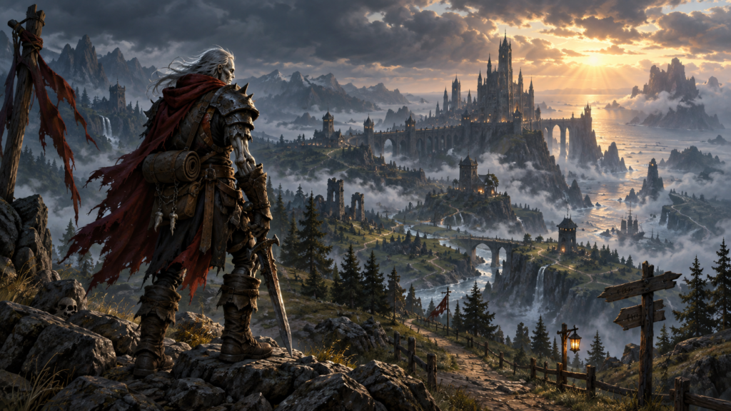 Ein namenloser untoter Abenteurer blickt über ein erneuertes klassisches Azeroth auf eine ferne Festungsstadt