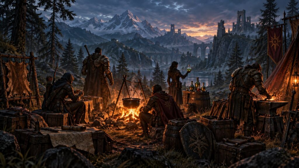 Abenteurer an einem Lagerfeuer mit Handwerksstationen in einer weiten Fantasylandschaft