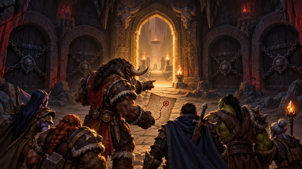 Tauren-Raidleiter führt eine Gruppe durch den einzigen geöffneten Weg einer dunklen Dungeonhalle