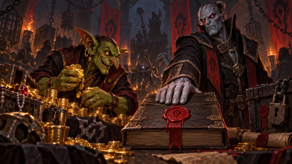 Goblinhändler wird vor einer verschlossenen Raidkiste von einer Wache gestoppt