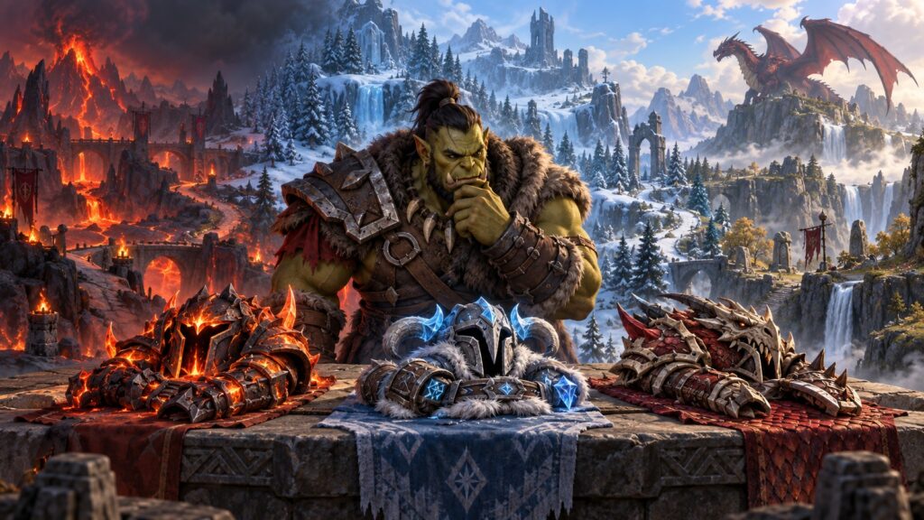 Orc wählt zwischen Ausrüstung für Feuer-, Frost- und Drachengebiete