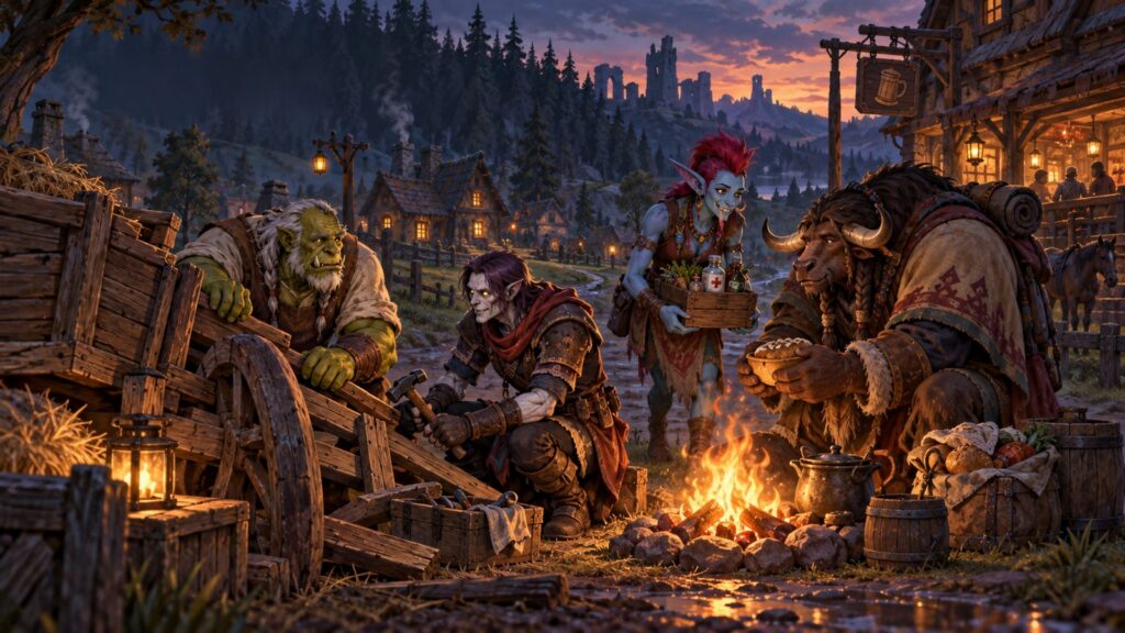 Ein untoter Abenteurer hilft Dorfbewohnern an einem Lagerfeuer bei einer kleinen Aufgabe in Azeroth.