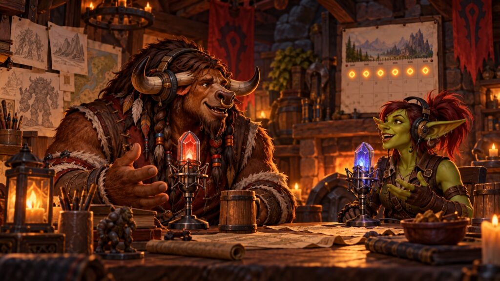 Tauren und Goblin sprechen in einem warm beleuchteten Fantasy-Studio in magische Mikrofone