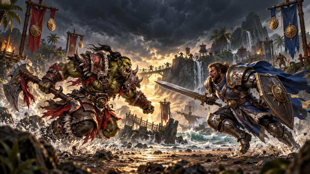 Orc und Mensch stehen sich auf einer tropischen Insel in einem stilisierten Schlachtfeld gegenüber
