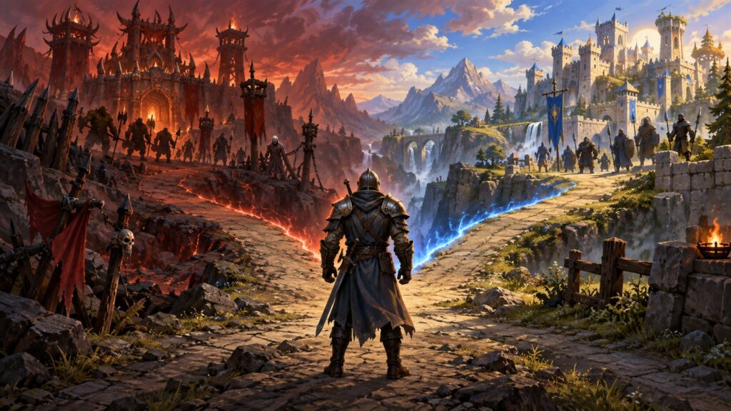 Ein Abenteurer steht zwischen einem roten und einem blauen Weg und muss sich für eine Fraktion entscheiden.