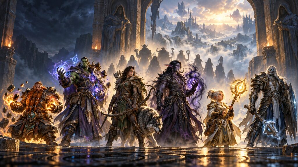 Sechs Abenteurer stehen symbolisch für die neuen Volks- und Klassenkombinationen in WoW Forever, während weitere Gestalten im Hintergrund warten.