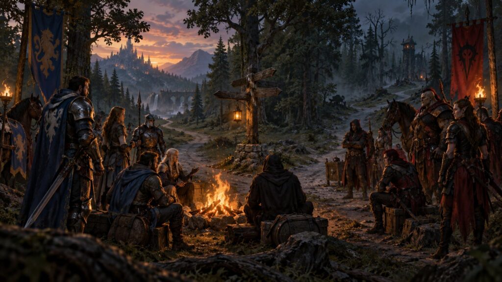 Rollenspieler und PvP-Gruppen treffen sich an einer Wegkreuzung in einer Fantasywelt