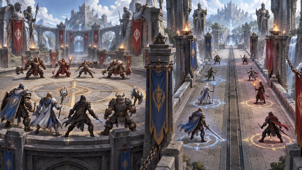 Zwei organisierte Fantasyteams treten in einer Arena gegeneinander an, getrennt von Einzelspielern