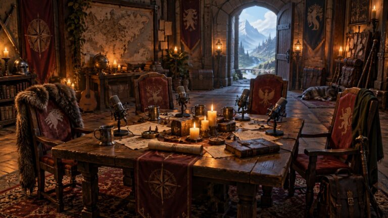 Vier leere Stühle und Mikrofone in einem Fantasy-Podcaststudio mit offener Tür