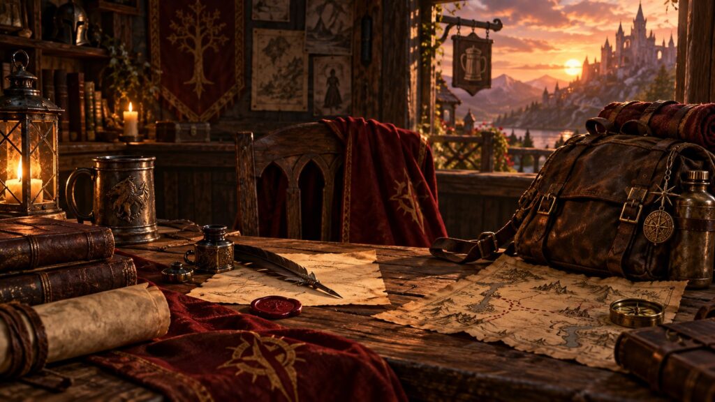 Ein leerer Redaktionstisch in einer Fantasyherberge mit Reisetasche, Feder, Karte und warmem Abendlicht.