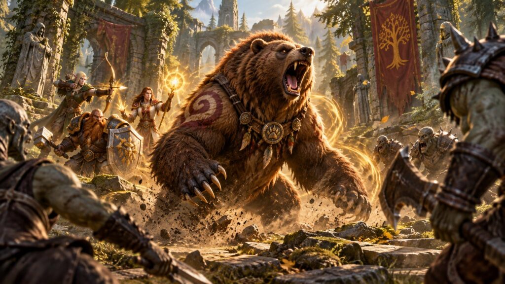 Ein mächtiger Bärendruide schützt seine Gruppe und bindet mehrere Dungeon-Gegner mit einem Gebrüll.