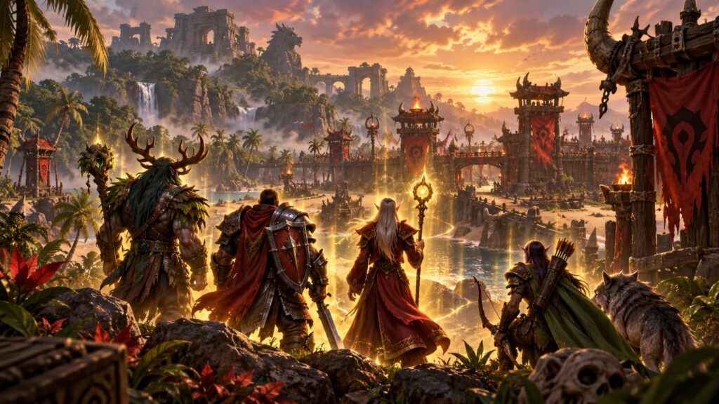 Eine Abenteurergruppe blickt auf ein neues Insel-Schlachtfeld in WoW Forever.