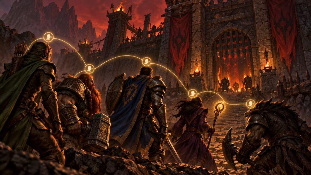 Eine Fantasygruppe ist vor einer Festung über leuchtende Sprachverbindungen miteinander verbunden.