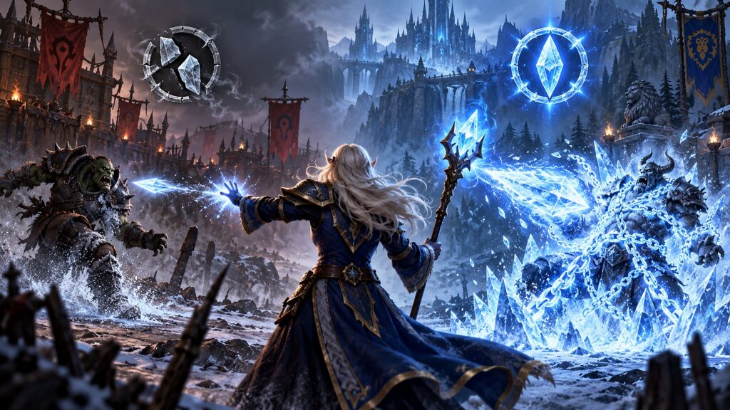 Eine Frostmagierin wählt zwischen einem schnellen schwachen und einem mächtigen Frostblitz.