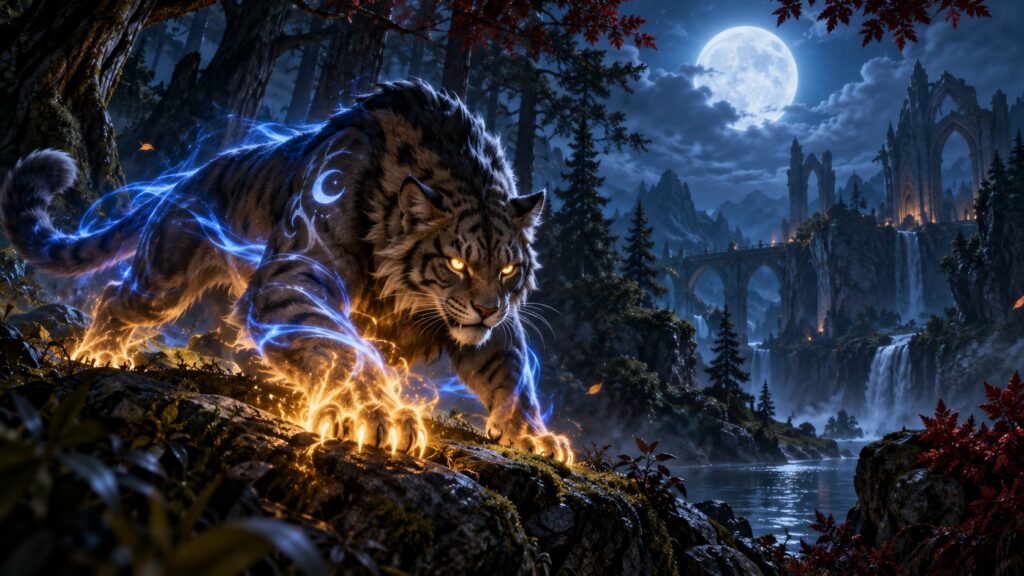 Eine leuchtende Katzengestalt in einem nächtlichen Wald unter dem Mond.