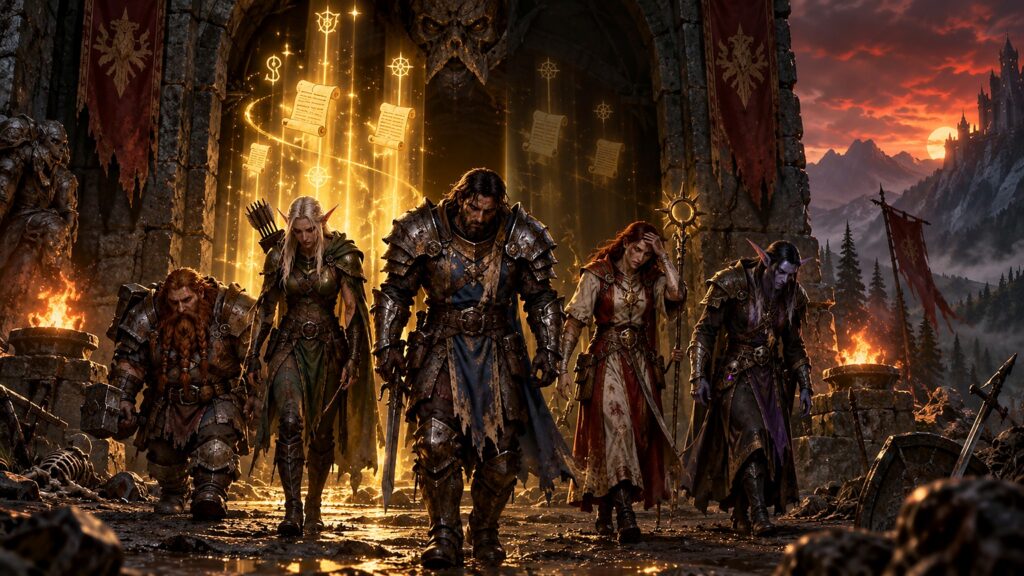Eine erschöpfte Abenteurergruppe verlässt einen Dungeon, während goldene Questenergie verblasst.