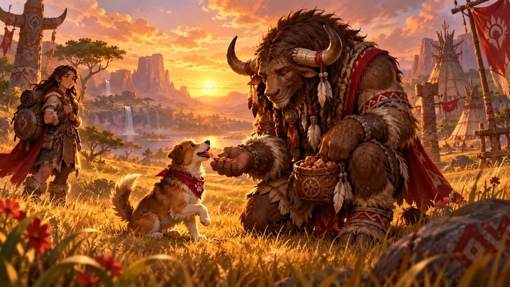 Ein freundlicher Taurenältester füttert in einer goldenen Ebene einen kleinen Hund.