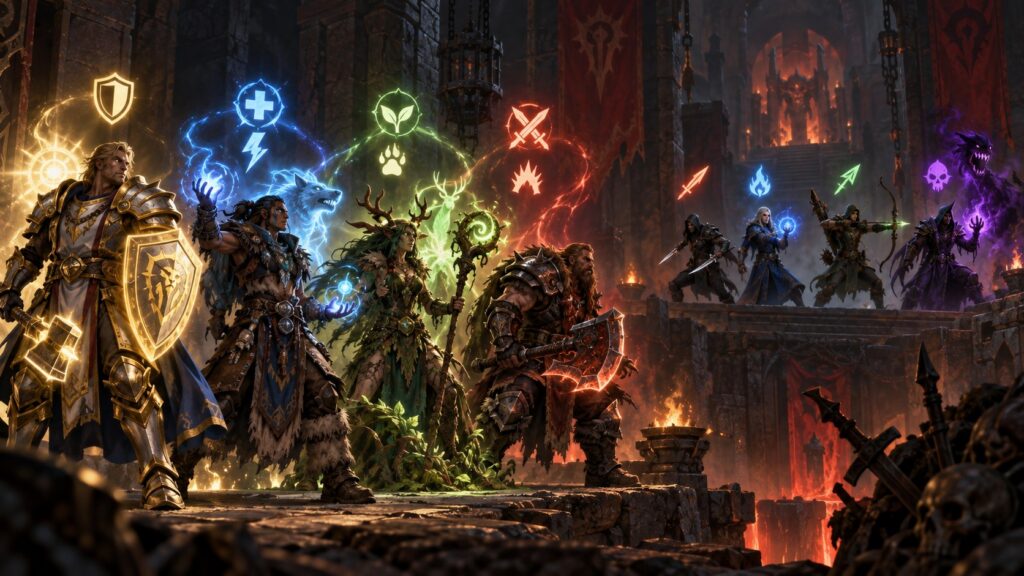 Ein Druide, Paladin und Schamane stehen reinen Schadensklassen gegenüber.