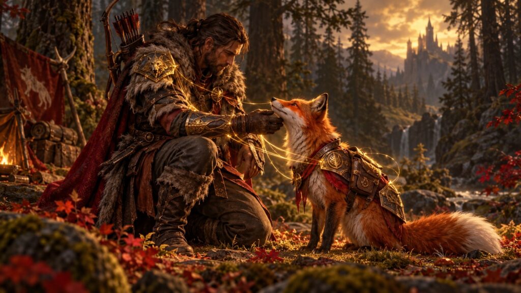 Eine Jägerin reist mit einem Fuchs durch einen herbstlichen Wald.